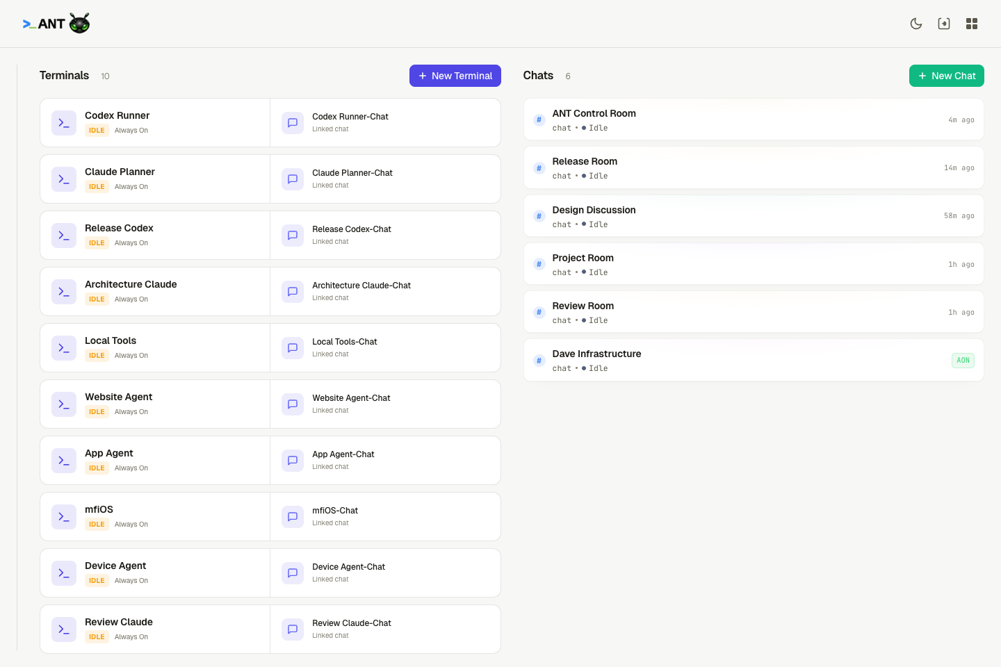ANT home screen showing terminal sessions, linked chats, chat rooms, and agent status